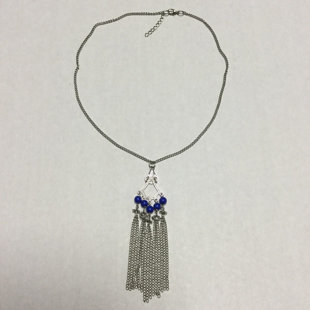 Silver & Blue Beaded Pendant Tassel Necklace